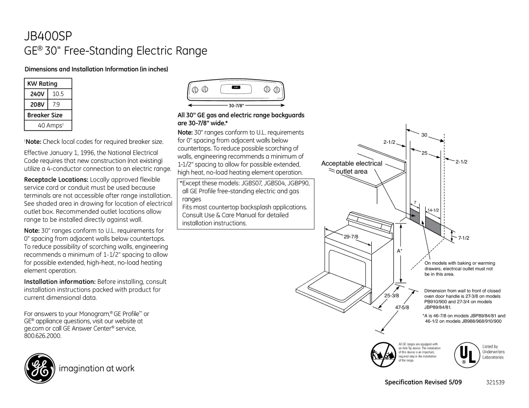 GE JB400SPSS dimensions GE 30 Free-Standing Electric Range, KW Rating 240V 10.5 208V Breaker Size 