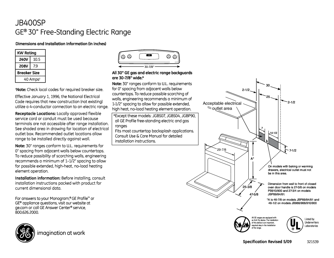 GE JB400SPSS dimensions GE 30 Free-Standing Electric Range, KW Rating, 240V, 10.5, 208V, Breaker Size 