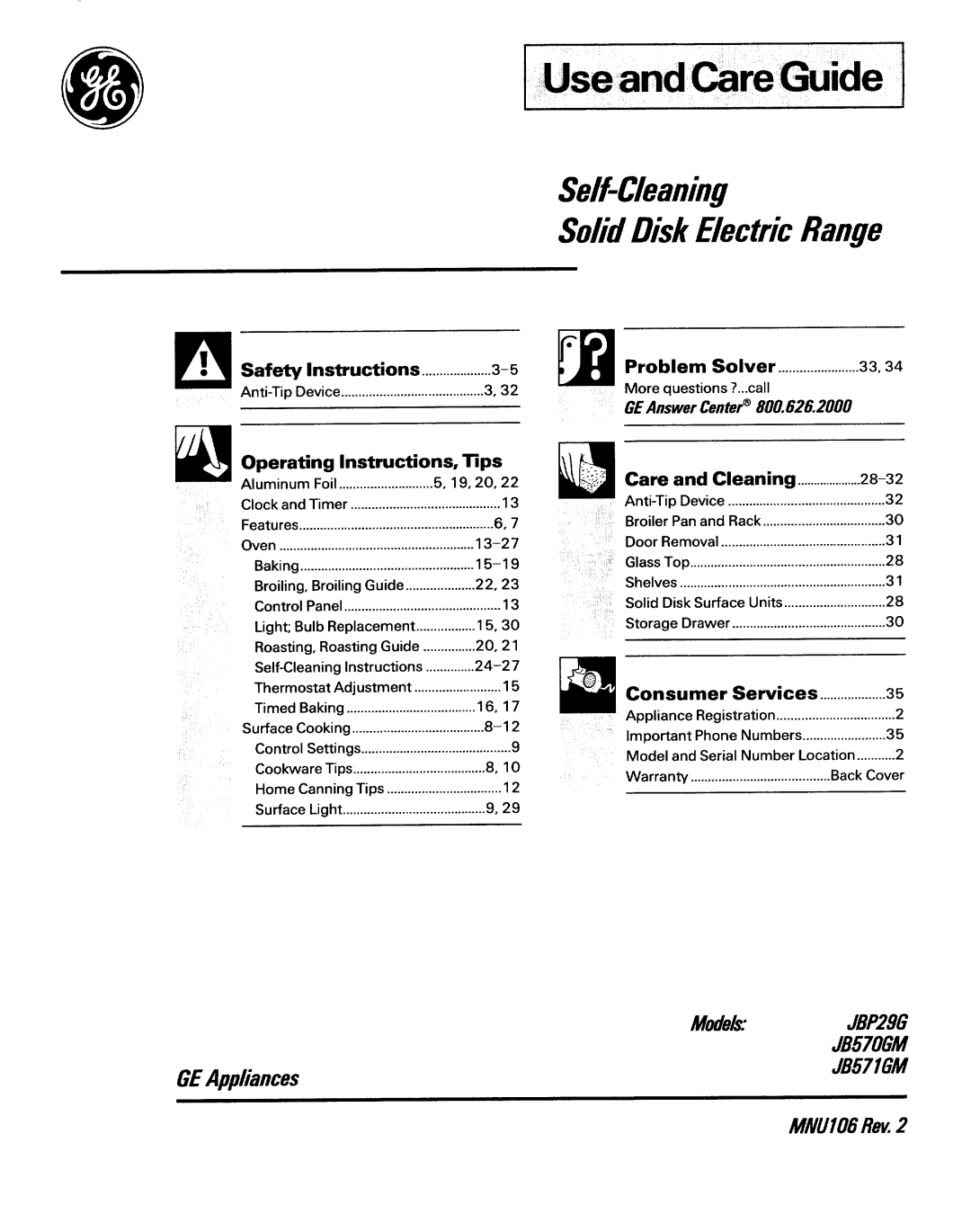 GE JB571GM, JB570GM, JBP29G, MNU106 manual L f = C l e a SolidDiskElectricRange 