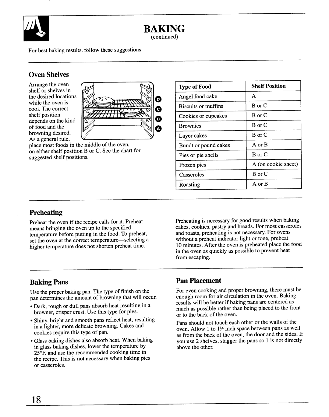 GE JBP29G, JB570GM, JB571GM, MNU106 manual Preheating, Baking Pans, Pan Placement, Npe of Food SheMPosition 