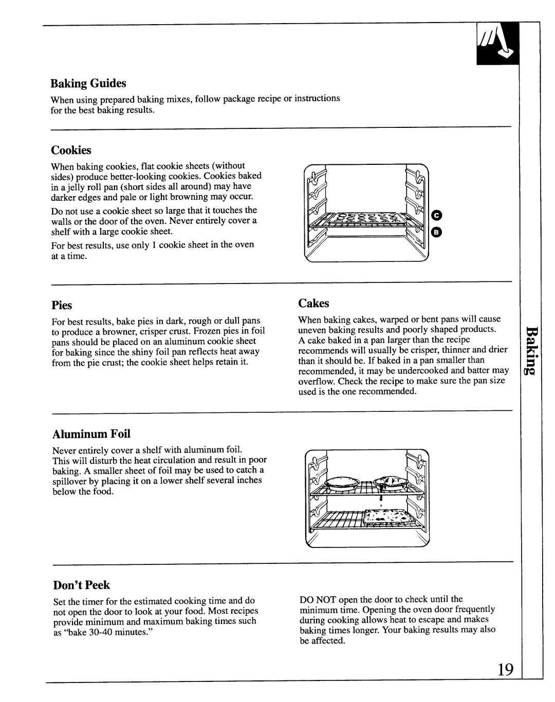 GE MNU106, JB570GM, JB571GM, JBP29G manual Baking Guides, AluminumFoil, Don’t Peek, Cakes 