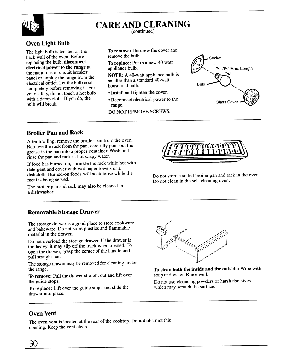 GE JBP29G, JB570GM, JB571GM, MNU106 manual Oven Light Bdb, BroflerPan and Rack, RemovableStorage Drawer, Oven Vent 