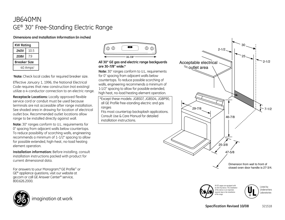 GE JB640MN dimensions GE 30 Free-Standing Electric Range, Acceptable electrical Outlet area 