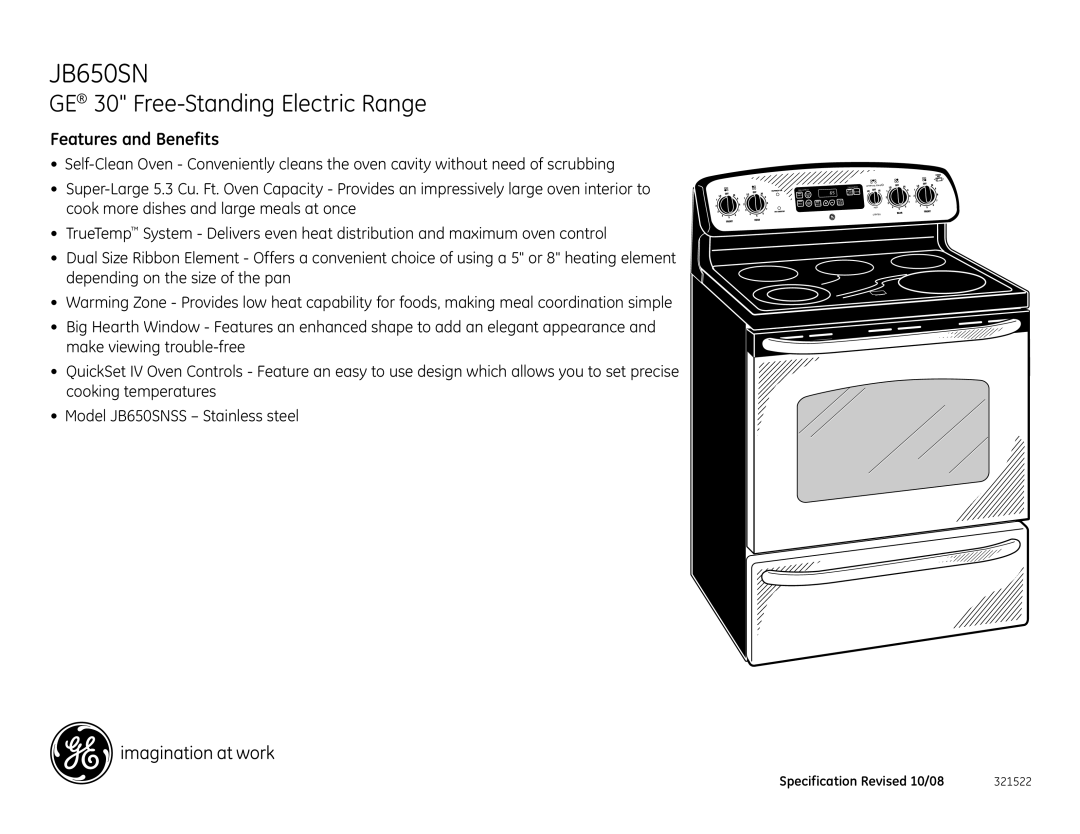 GE JB650SN dimensions Features and Benefits 