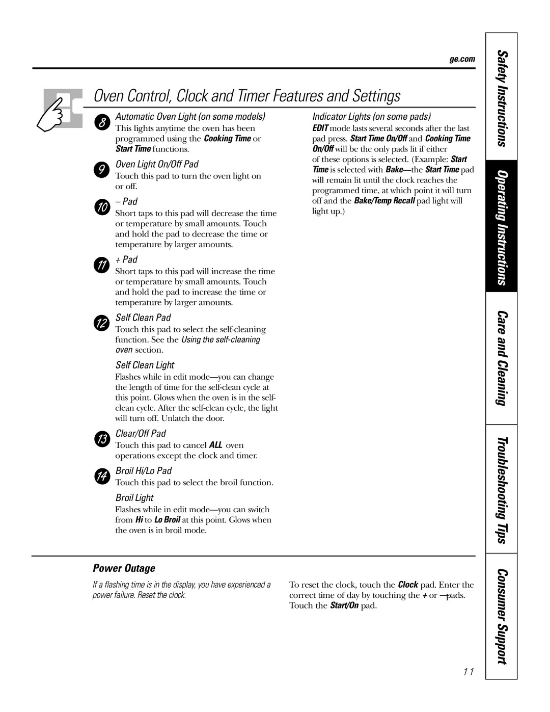 GE EER2002, JB660, JB650, JB640, EER4001, EER4000 Care and Cleaning Troubleshooting Tips Consumer Support, Power Outage 