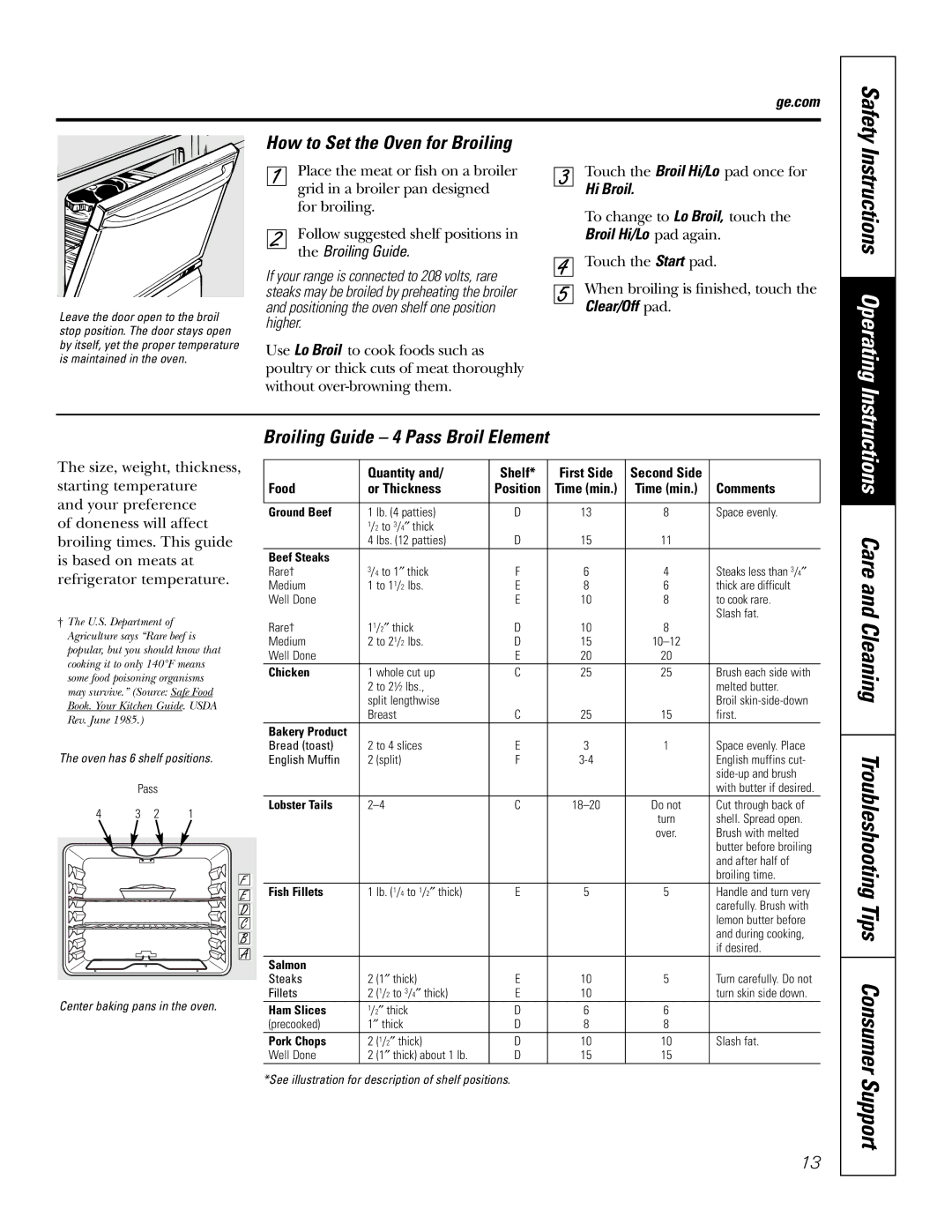 GE EER2001, JB660 Instructions Operating, How to Set the Oven for Broiling, Broiling Guide 4 Pass Broil Element, Hi Broil 