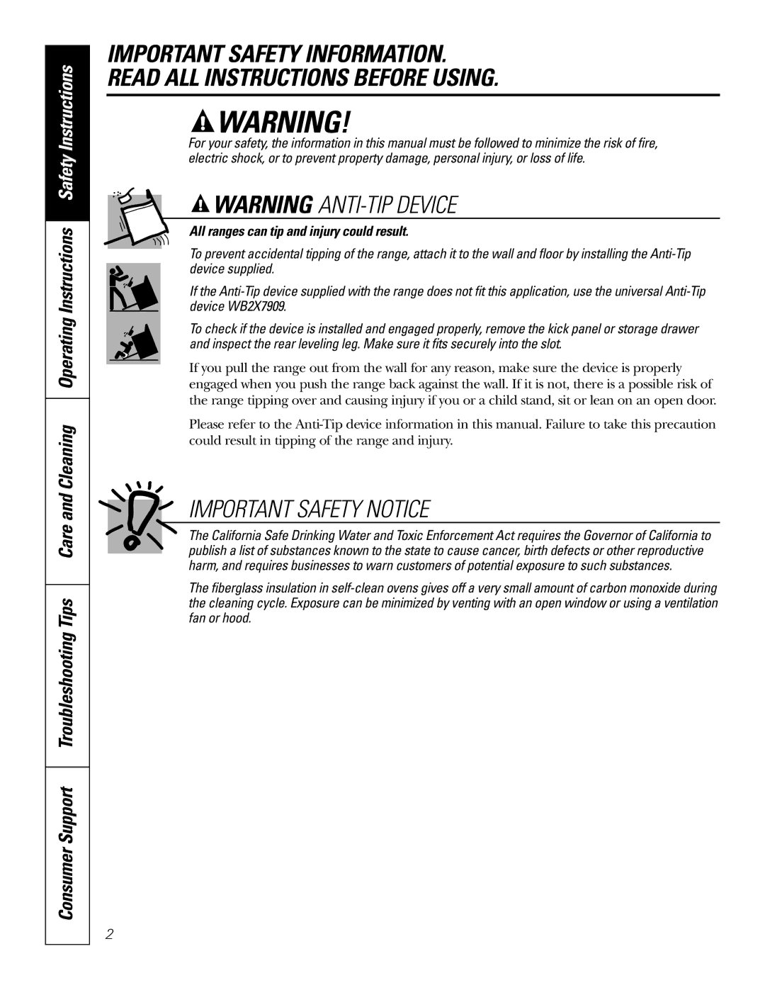 GE JB640, JB660, JB650, EER4001, EER2002, EER4000, EER2001 Important Safety Notice, All ranges can tip and injury could result 