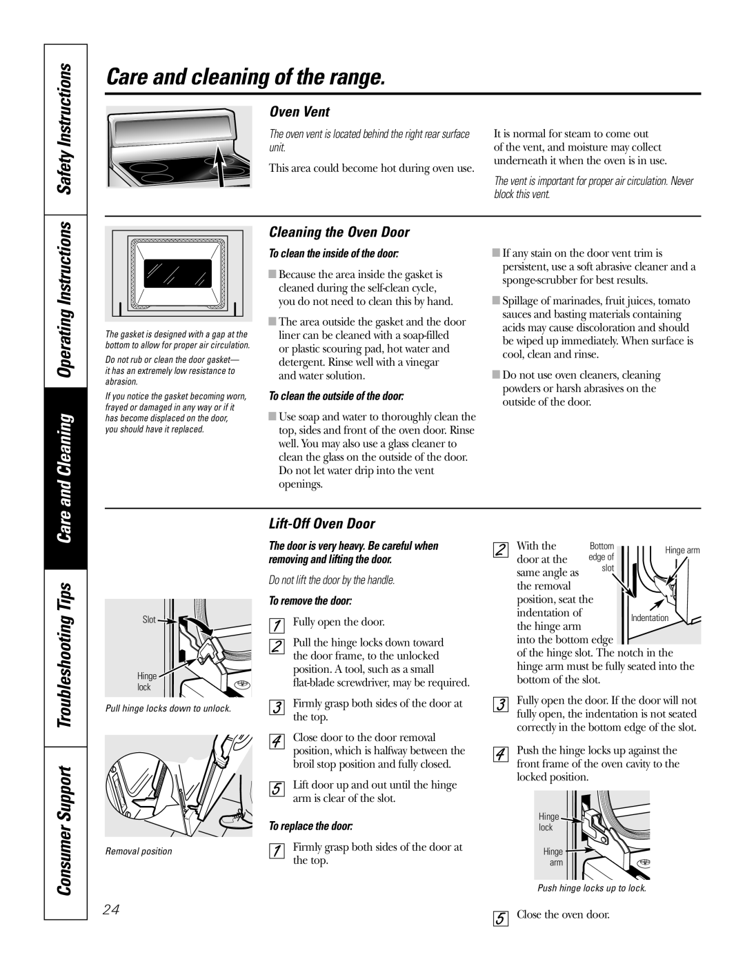 GE EER4001 Cleaning Operating Instructions, Consumer Support Troubleshooting Tips Care, Oven Vent, Cleaning the Oven Door 