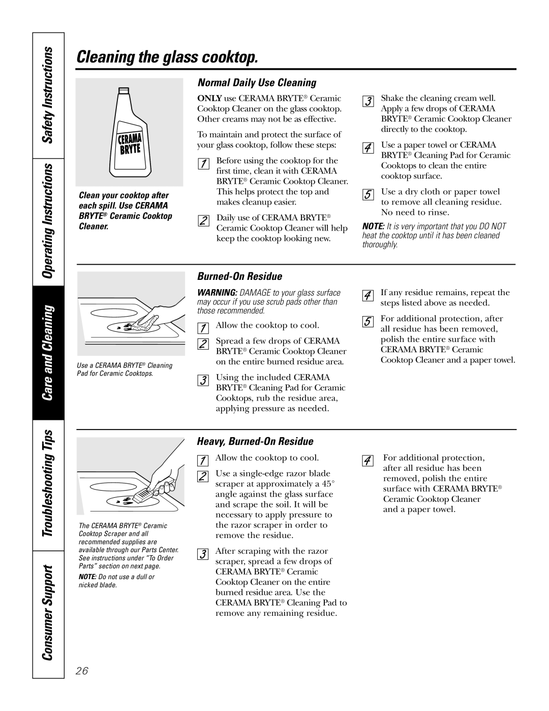 GE EER4000, JB660 Cleaning the glass cooktop, Operating Instructions Safety, Normal Daily Use Cleaning, Burned-On Residue 