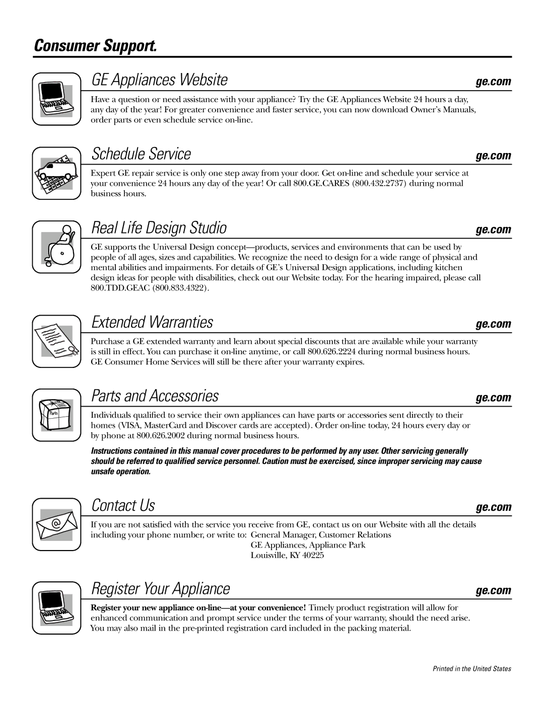 GE JB650, JB660 Consumer Support GE Appliances Website, Schedule Service, Real Life Design Studio, Extended Warranties 