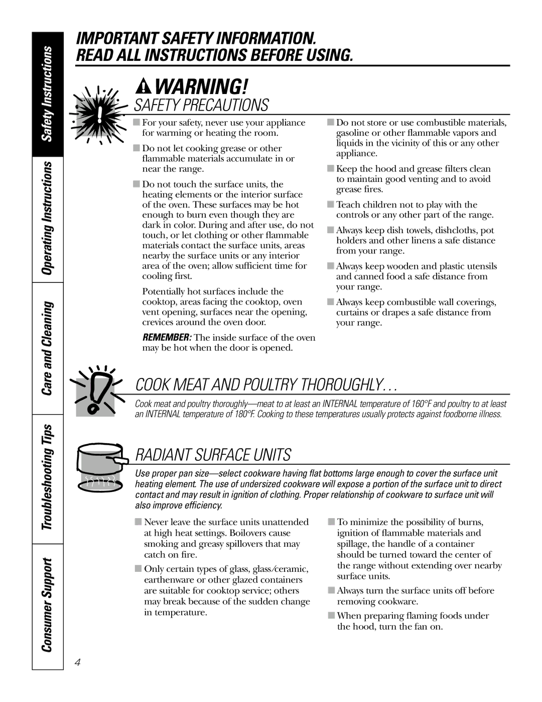 GE EER2002, JB660, JB650, JB640, EER4001, EER4000, EER2001 owner manual Consumer Support, Cleaning Operating Instructions Safety 