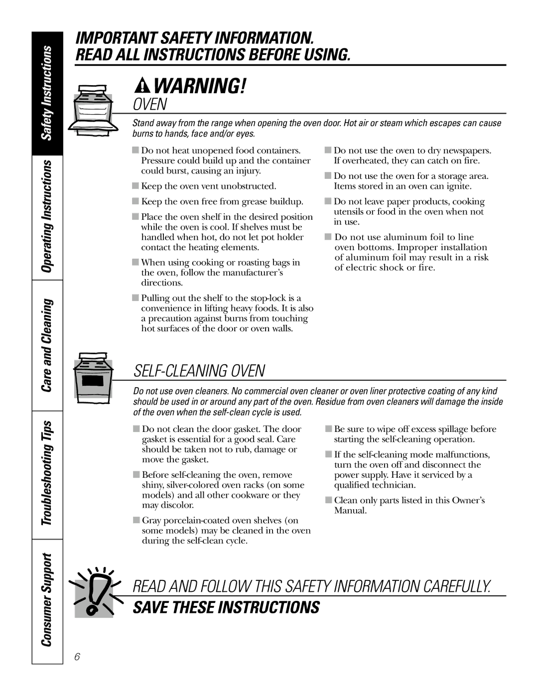 GE EER2001, JB660, JB650, JB640, EER4001, EER2002, EER4000 owner manual Care, Consumer 