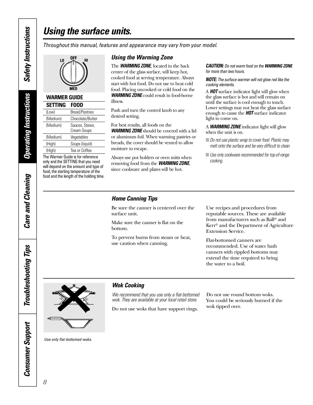 GE JB650, JB660, JB640 Instructions, Using the Warming Zone, Home Canning Tips, Wok Cooking, Troubleshooting Tips Care 