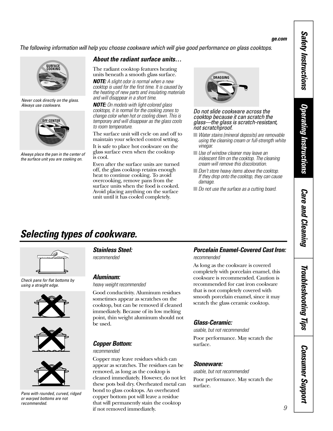 GE JB640, JB660, JB650, EER4001, EER2002, EER4000, EER2001 Selecting types of cookware, Troubleshooting Tips Consumer Support 