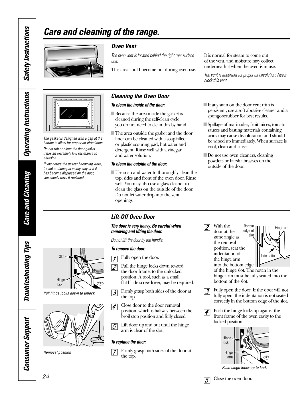 GE EER4001 and Cleaning Operating Instructions, Consumer Support Troubleshooting Tips Care, Oven Vent, Lift-Off Oven Door 
