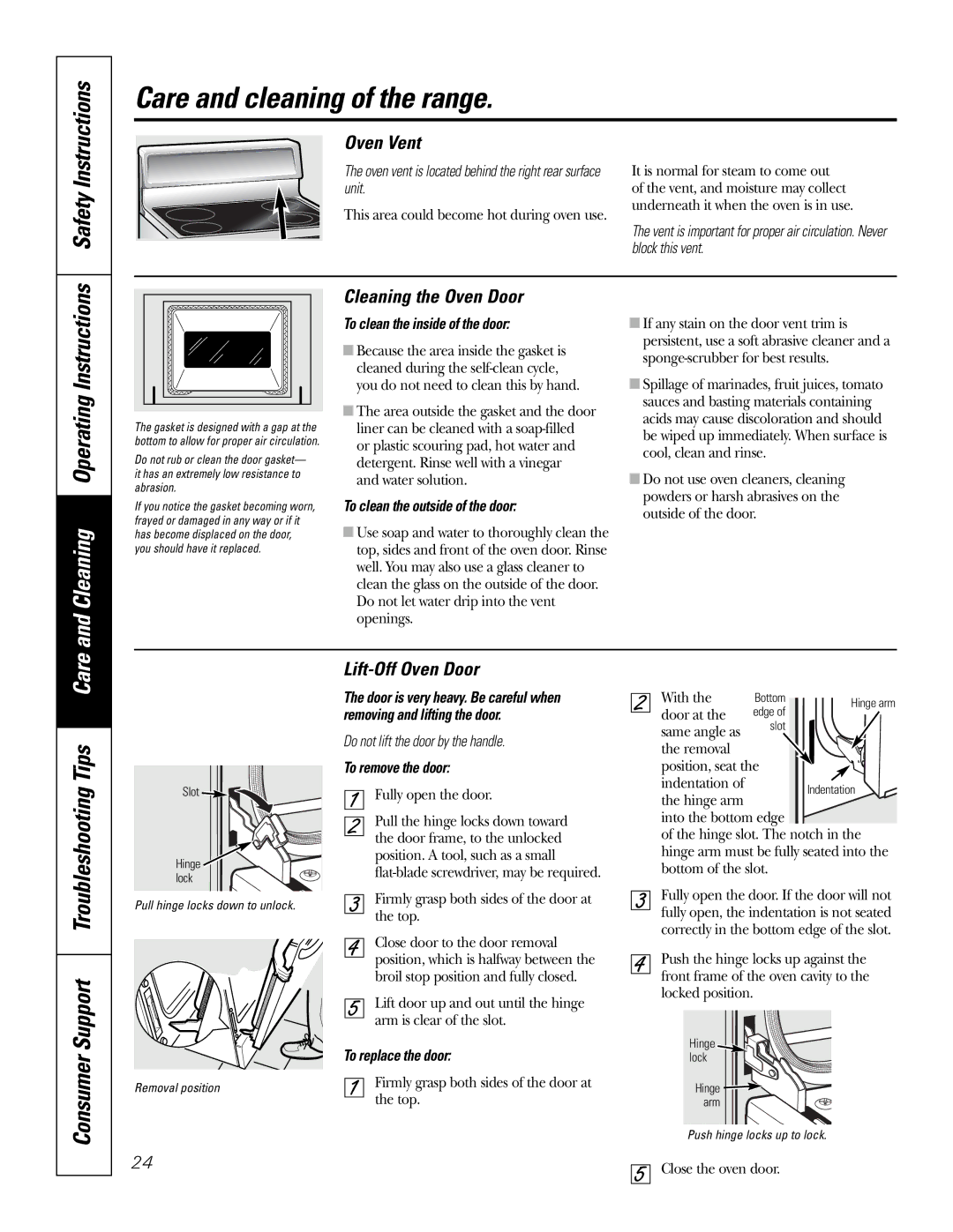 GE JB670 Cleaning Operating Instructions, Consumer Support Troubleshooting Tips Care, Oven Vent, Cleaning the Oven Door 