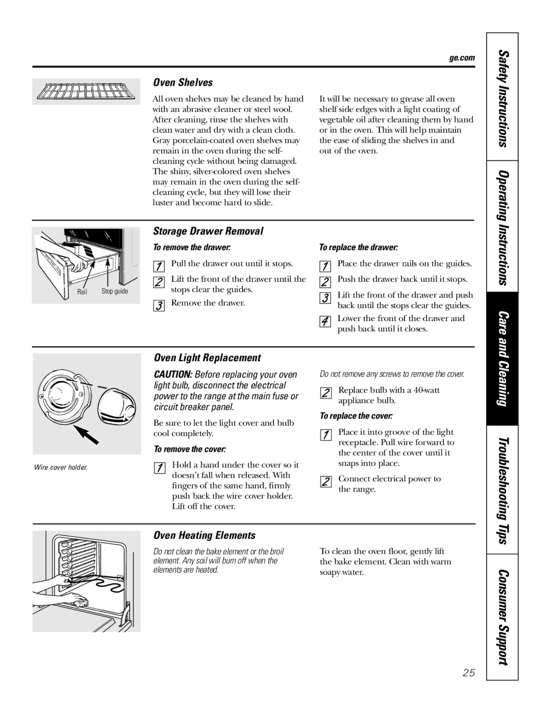 GE JB645, JB670, JB680 owner manual Oven Shelves, Storage Drawer Removal, Oven Light Replacement, Oven Heating Elements 