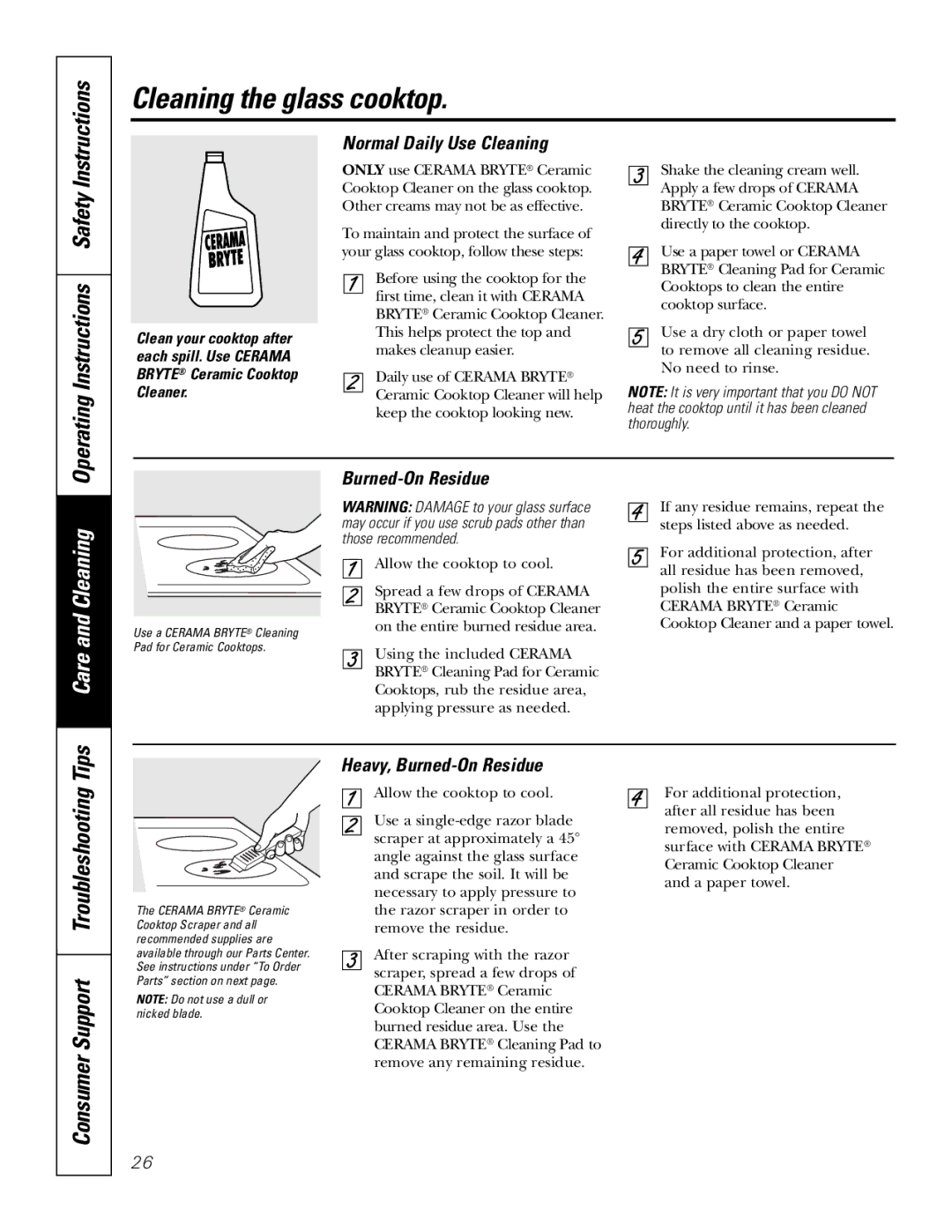 GE JB680, JB670 Cleaning the glass cooktop, Operating Instructions Safety, Normal Daily Use Cleaning, Burned-On Residue 