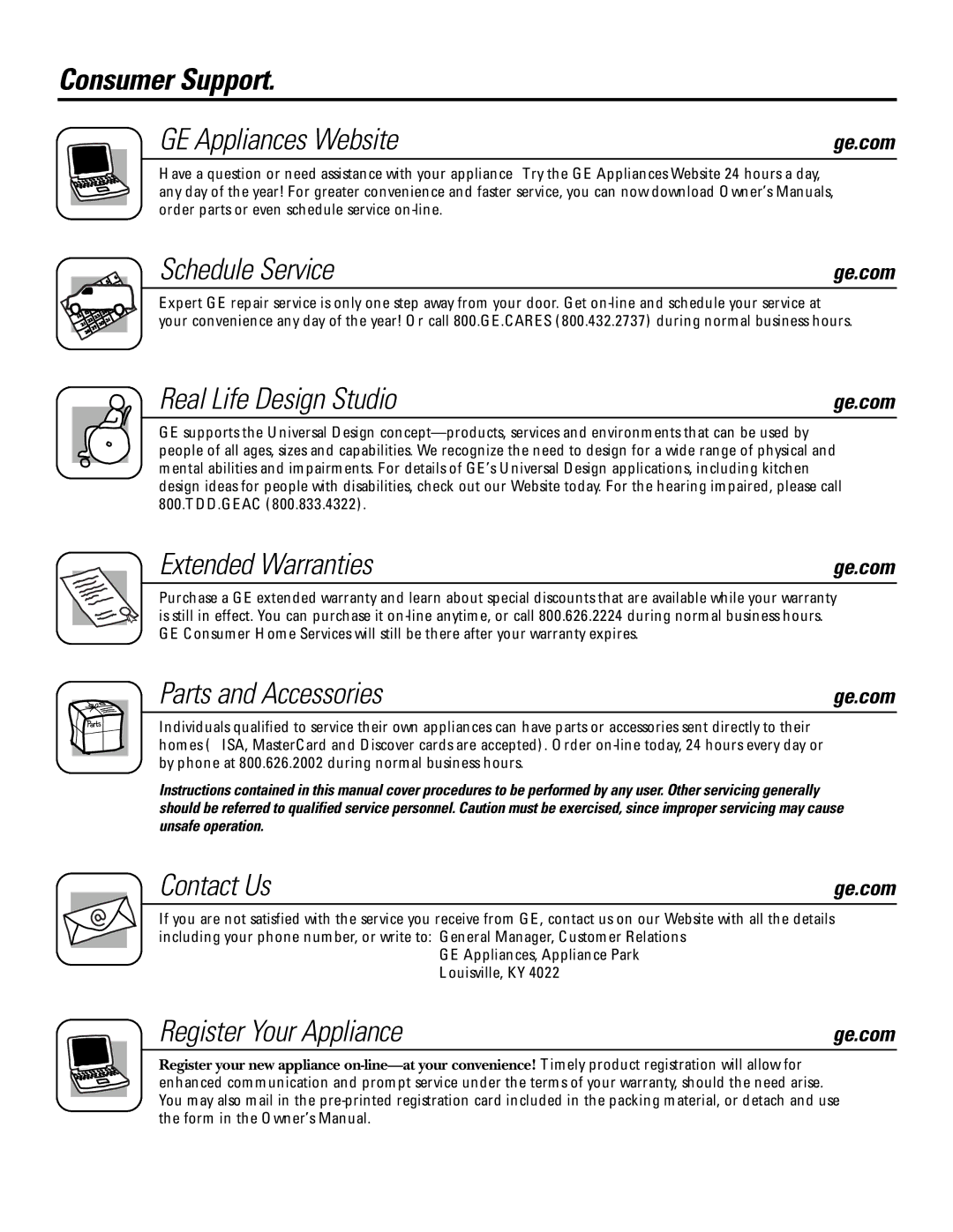 GE JB670, JB645 Consumer Support GE Appliances Website, Schedule Service, Real Life Design Studio, Extended Warranties 