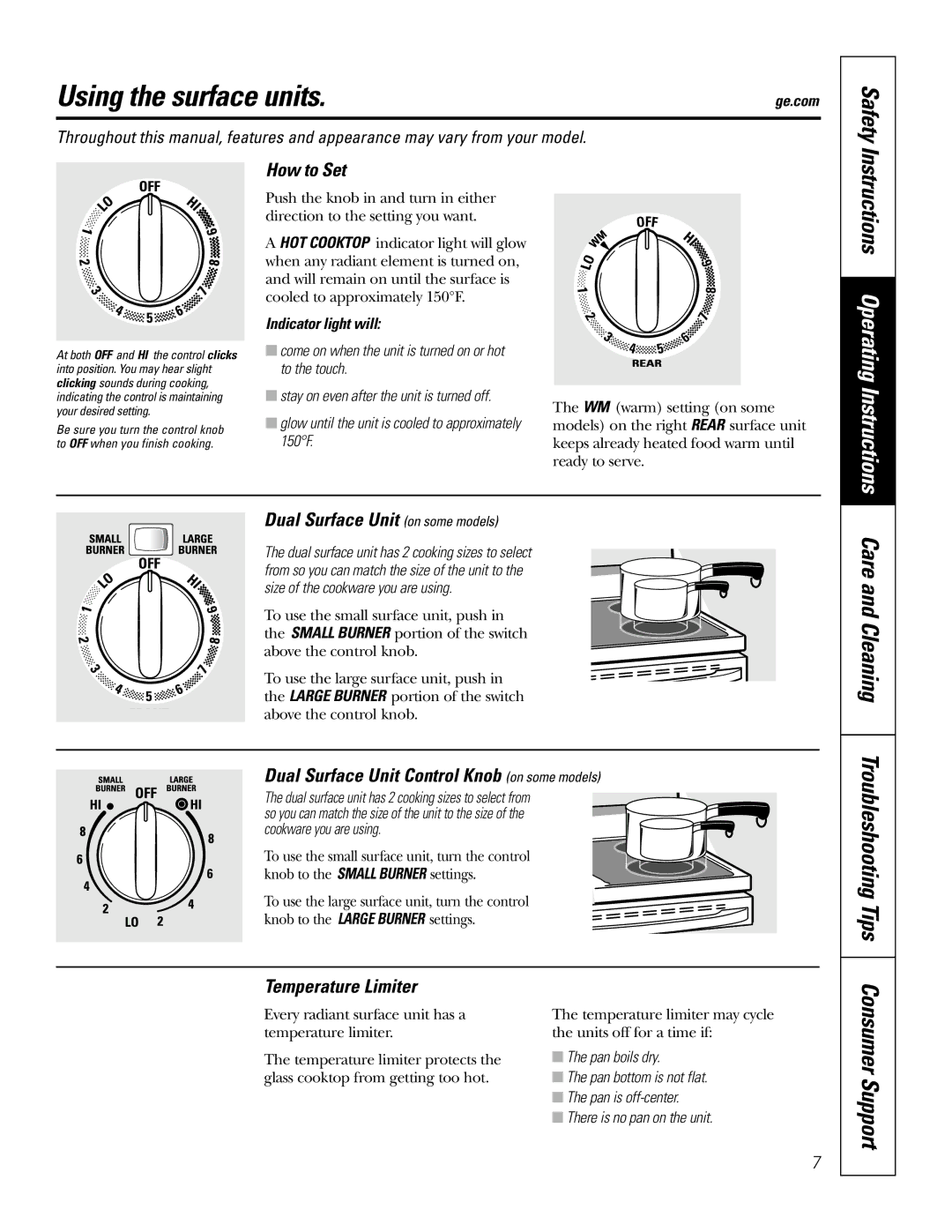 GE JB645, JB670, JB680 Using the surface units, How to Set, Dual Surface Unit on some models, Temperature Limiter 