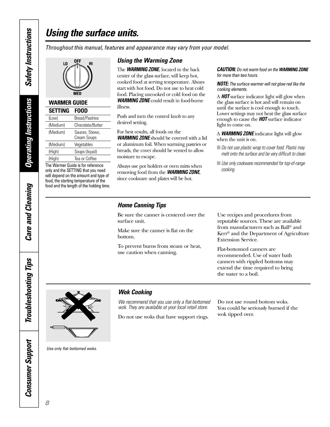 GE JB680, JB670, JB645 owner manual Instructions, Tips Care, Using the Warming Zone, Home Canning Tips, Wok Cooking 