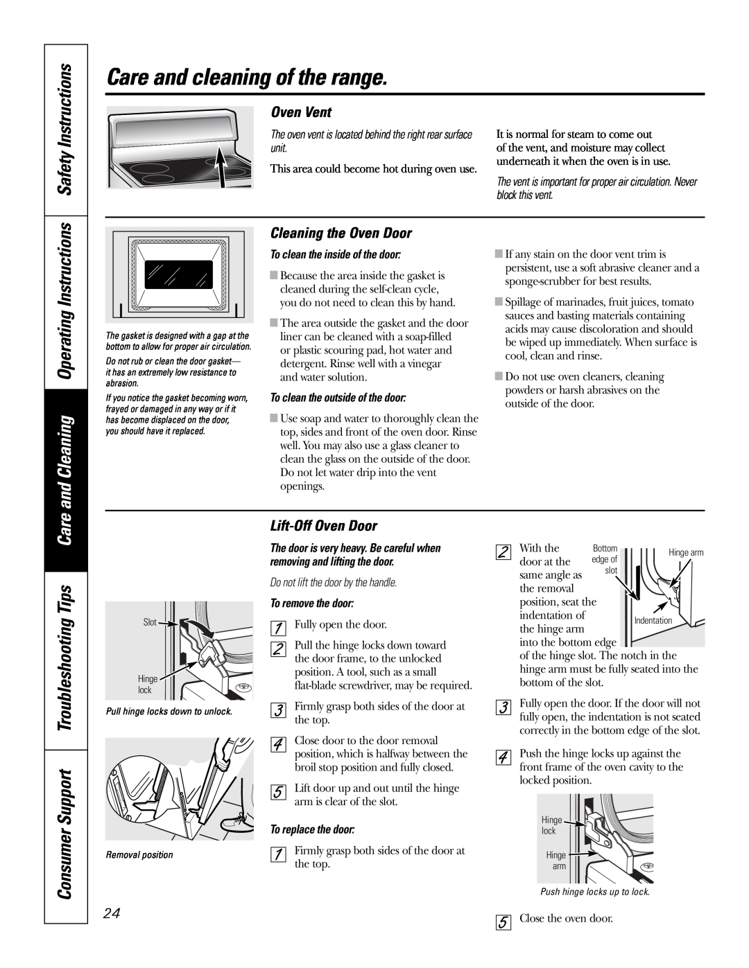 GE JB670 and Cleaning Operating Instructions, Consumer Support Troubleshooting Tips Care, Oven Vent, Lift-Off Oven Door 