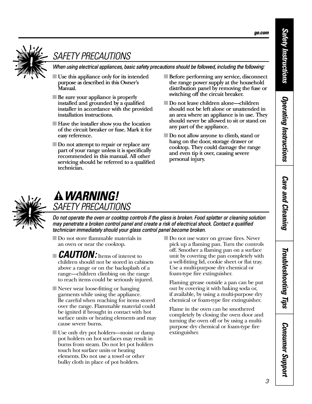 GE JB670, JB645, JB680 owner manual Safety Precautions, Safety Instructions OperatingInstructions Care and Cleaning 