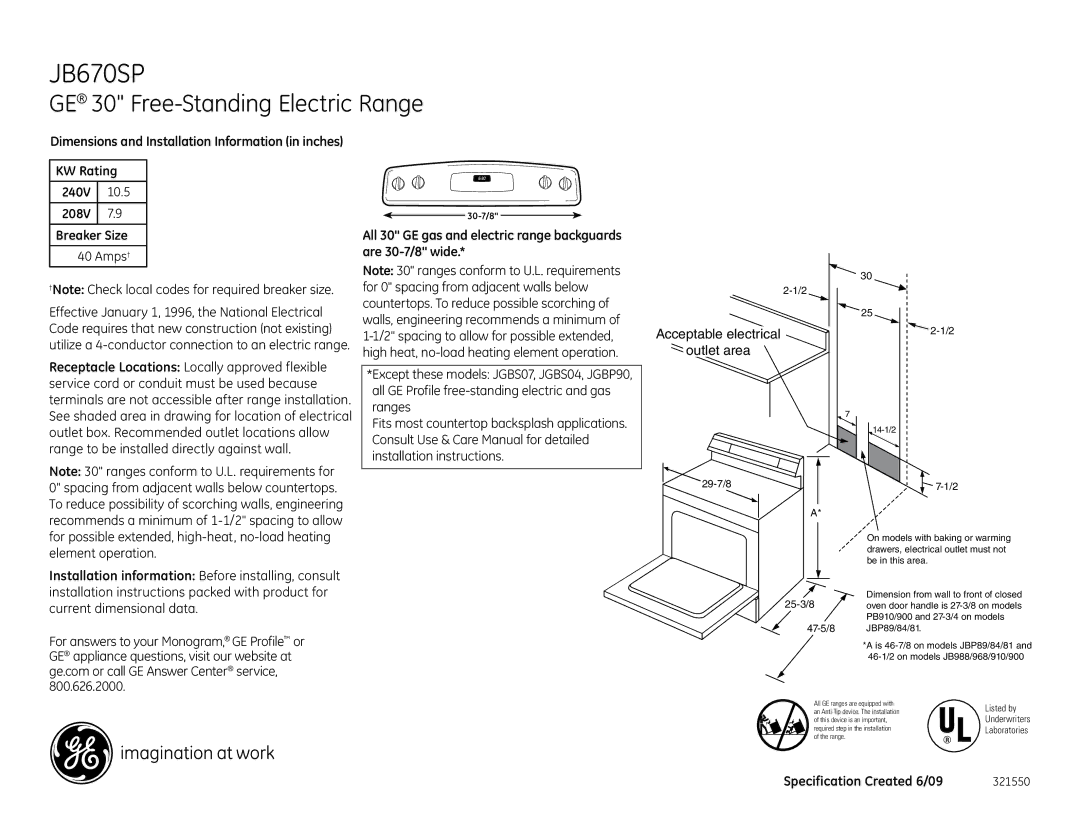 GE JB670SPSS dimensions GE 30 Free-Standing Electric Range, KW Rating 240V 10.5 208V Breaker Size 