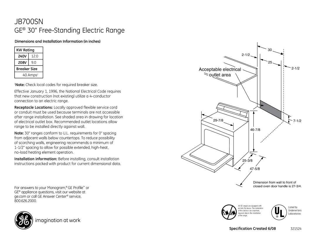 GE JB700SN installation instructions GE 30 Free-Standing Electric Range, Acceptable electrical Outlet area, 321524 