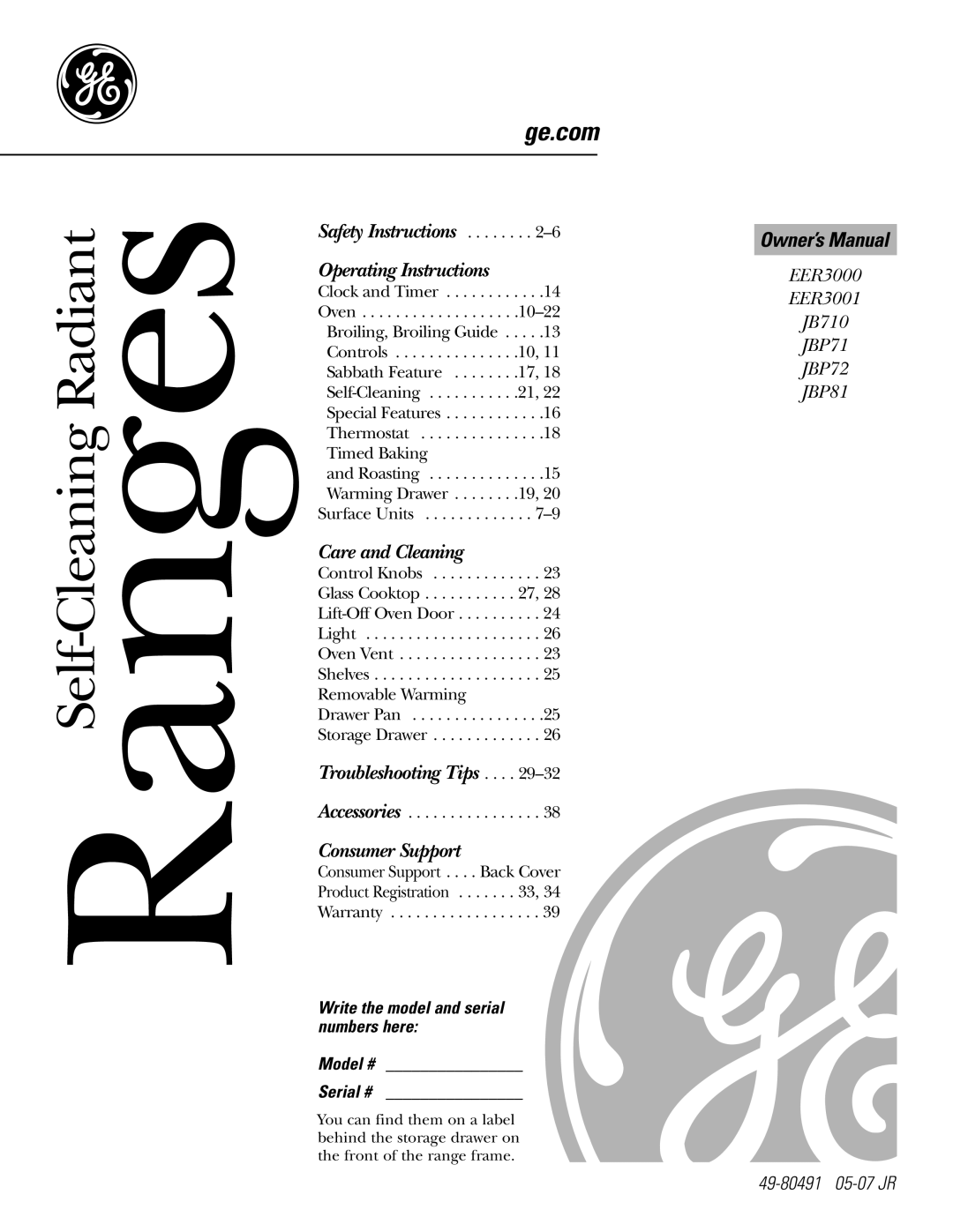 GE EER3001, JB710, JBP81 owner manual RangesSelf-Cleaning Radiant, Write the model and serial numbers here Model # Serial # 