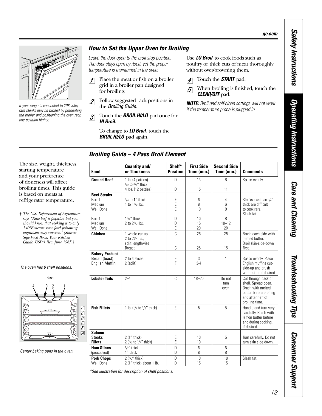 GE JB690 Care and Cleaning Troubleshooting Tips Consumer Support, How to Set the Upper Oven for Broiling, Broiling Guide 