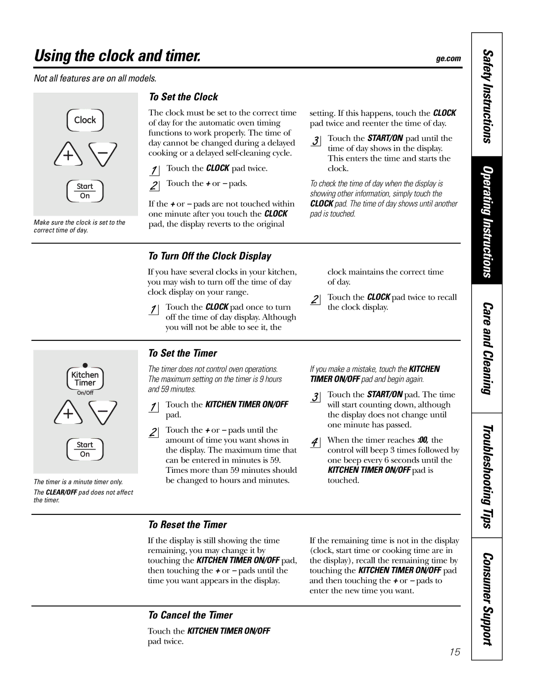 GE JB730, JB690, JB720 owner manual Using the clock and timer, Consumer, Care, Cleaning Troubleshooting Tips 