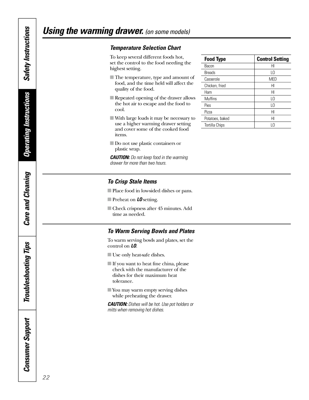 GE JB690, JB730 Consumer Support Troubleshooting Tips Care and Cleaning, Temperature Selection Chart, To Crisp Stale Items 