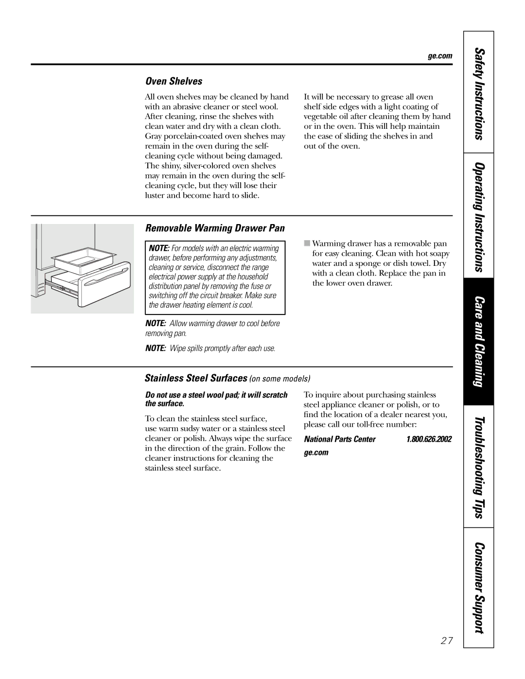 GE JB730 Instructions Operating, Oven Shelves, Stainless Steel Surfaces on some models, Removable Warming Drawer Pan 