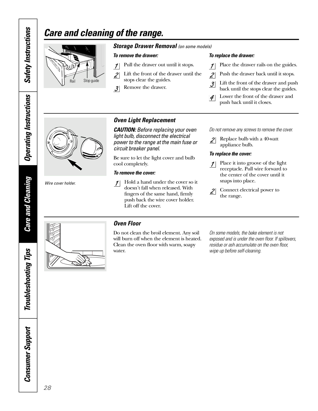 GE JB690, JB730 Consumer Support Troubleshooting Tips Care, Storage Drawer Removal on some models, Oven Light Replacement 