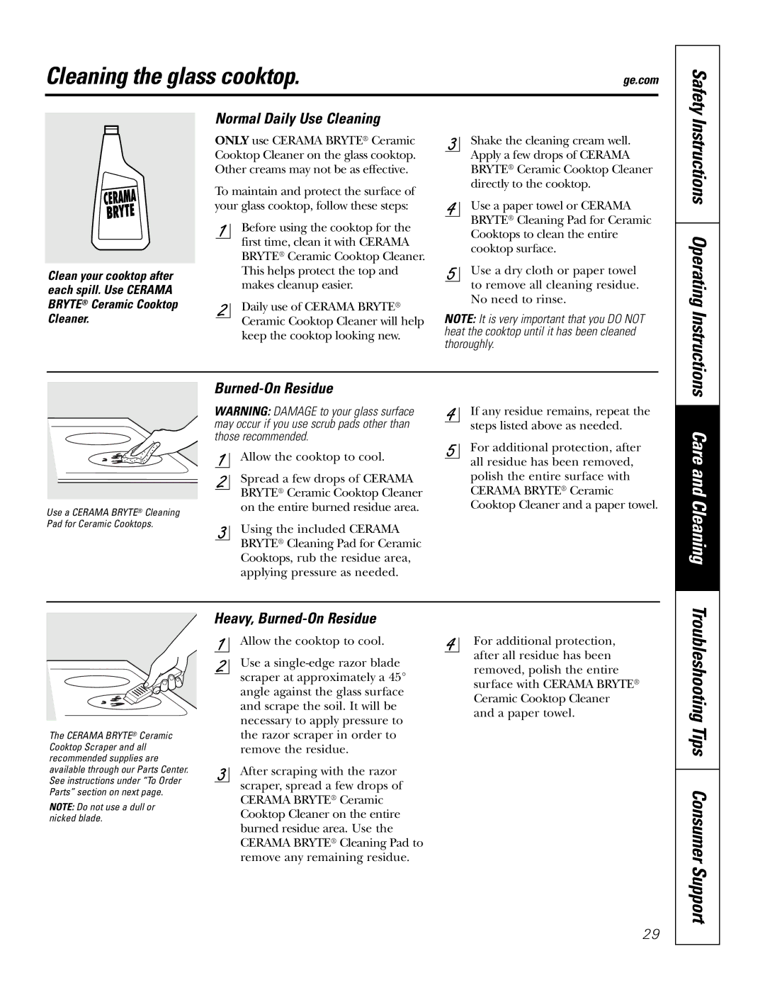 GE JB720 Cleaning the glass cooktop, Instructions Operating Instructions, Normal Daily Use Cleaning, Burned-On Residue 