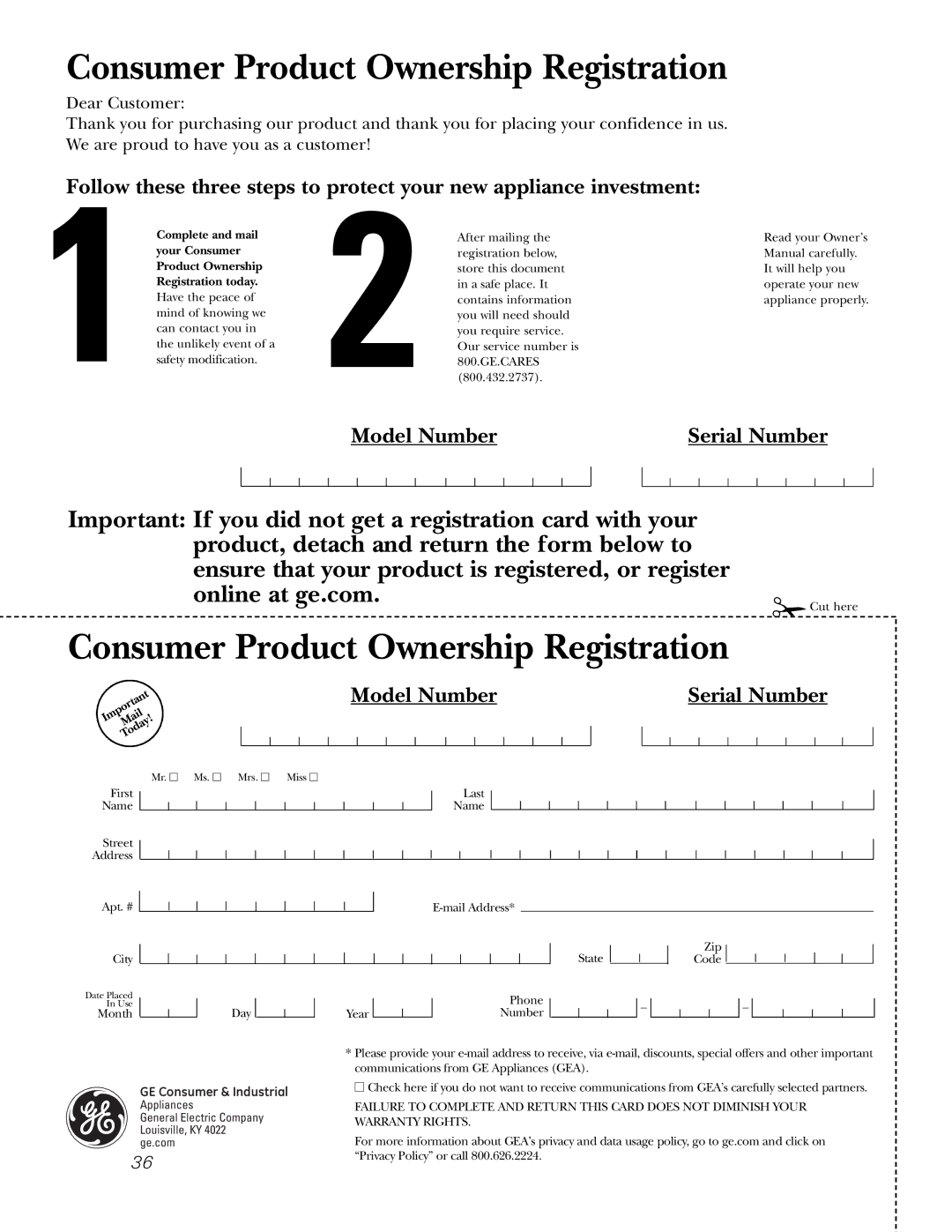 GE JB730, JB690, JB720 owner manual Consumer Product Ownership Registration 