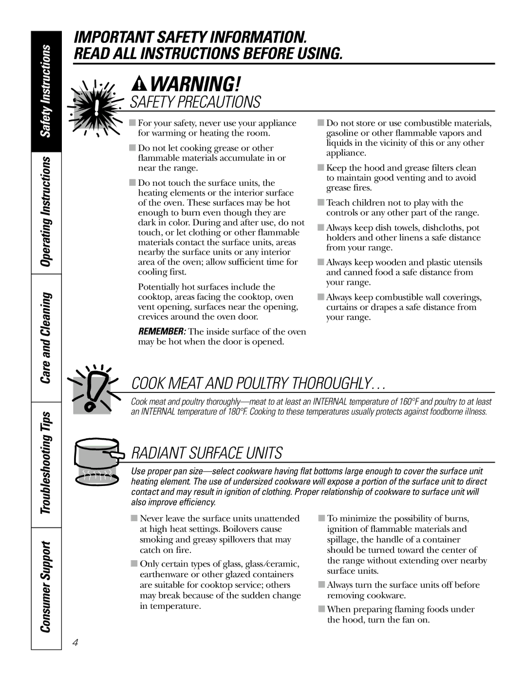 GE JB690, JB730, JB720 owner manual Cleaning Operating Instructions Safety, Troubleshooting Tips Care 