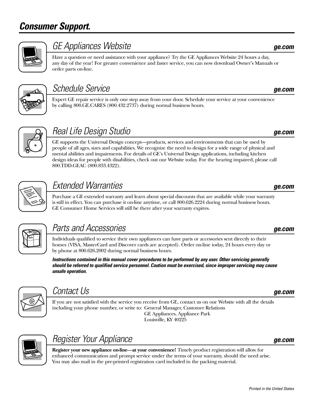 GE JB690, JB730 Consumer Support GE Appliances Website, Schedule Service, Real Life Design Studio, Extended Warranties 