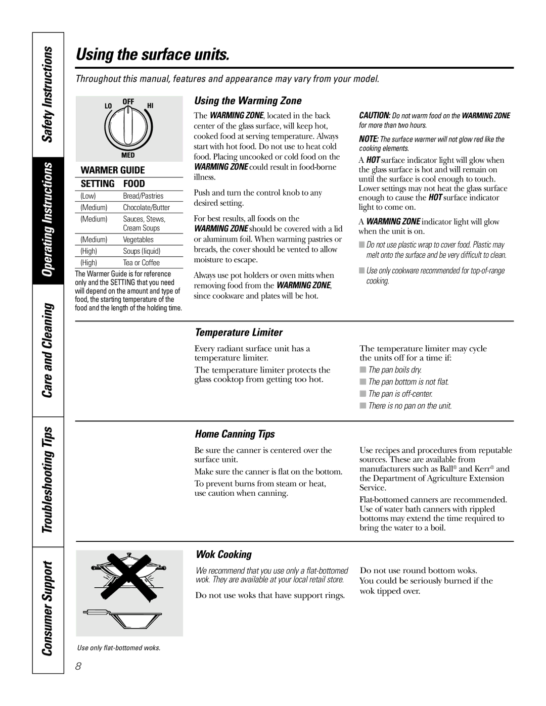GE JB720, JB730, JB690 Troubleshooting, Using the Warming Zone, Temperature Limiter, Home Canning Tips, Wok Cooking 