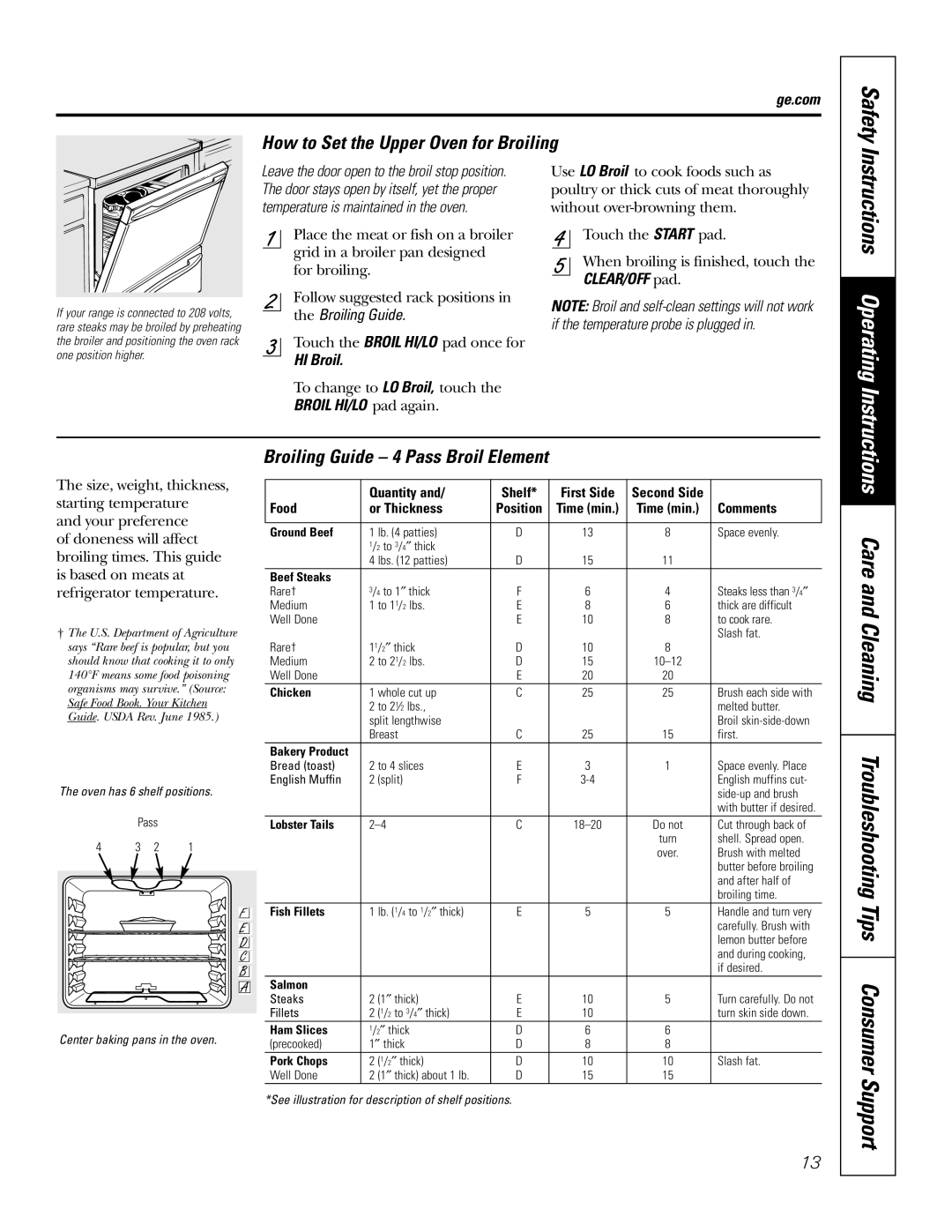 GE JB690, JB730, JB720 owner manual How to Set the Upper Oven for Broiling, Broiling Guide - 4 Pass Broil Element, Safety 