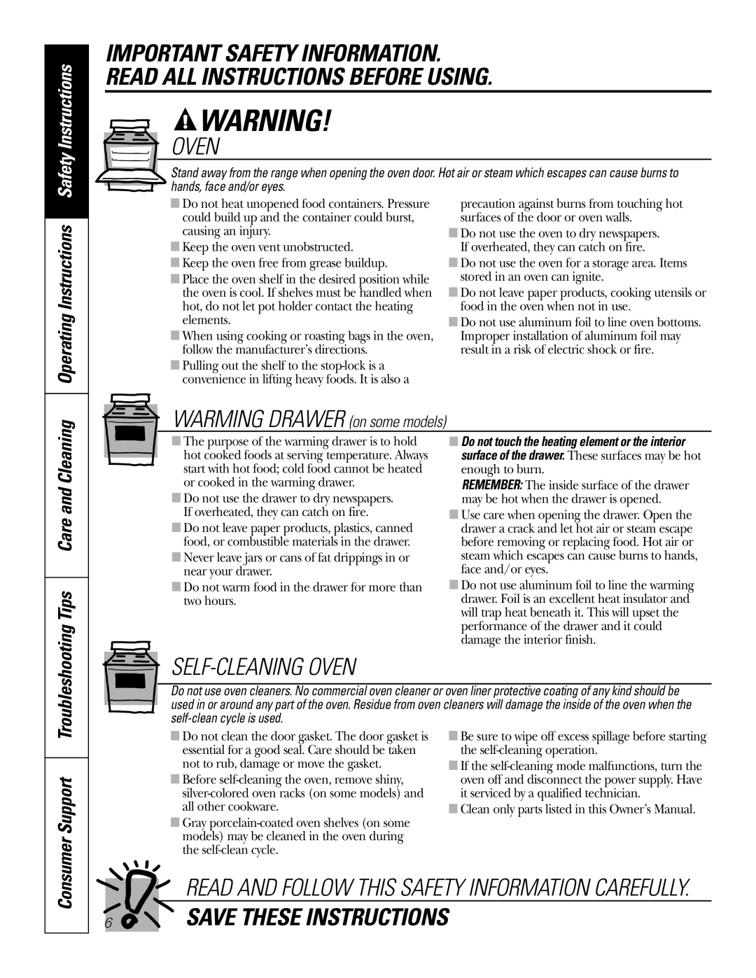GE JB730 Oven, Safety Instructions, Troubleshooting Tips Care and Cleaning, Save These Instructions, Consumer Support 