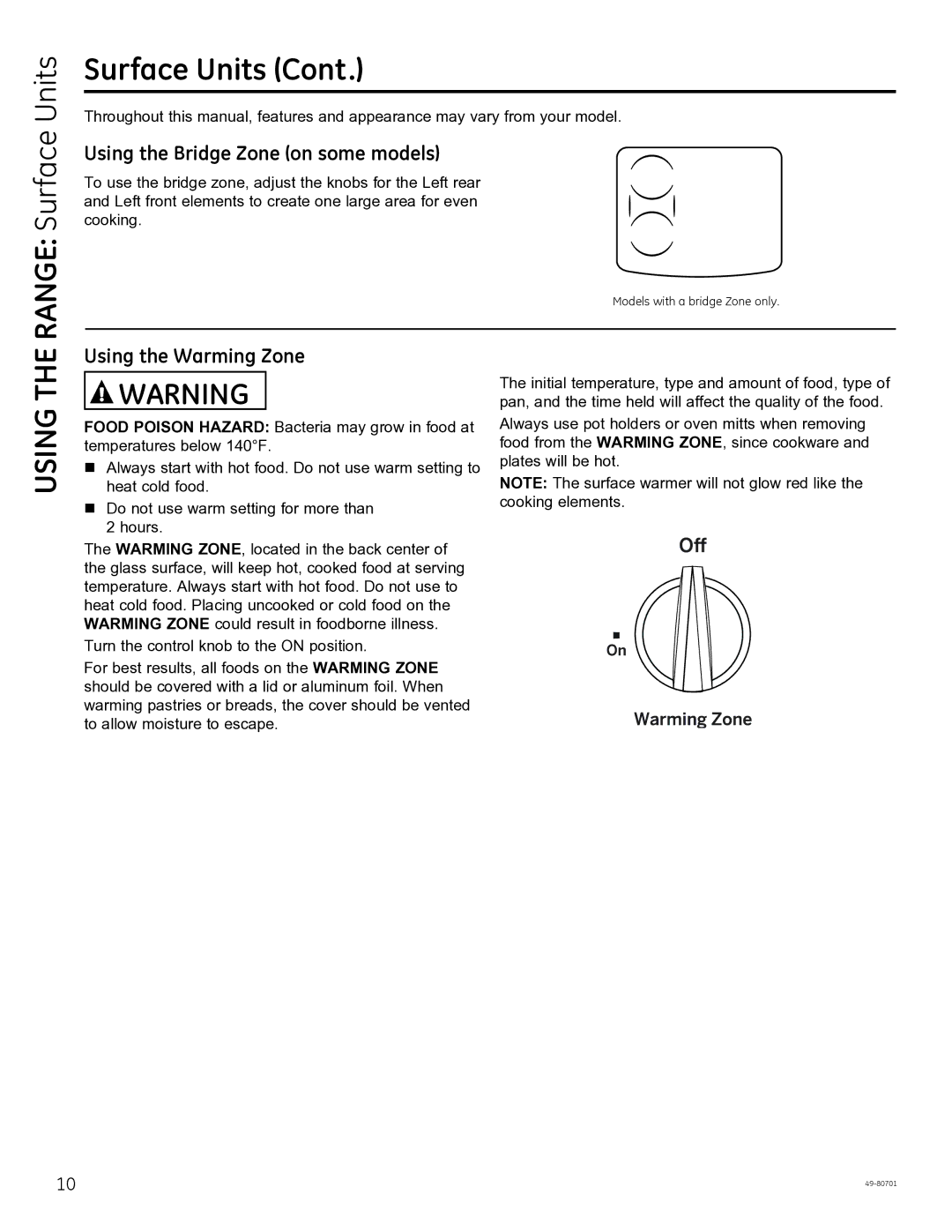 GE JB870, JB850, PB950 owner manual Using the Bridge Zone on some models, Using the Warming Zone 