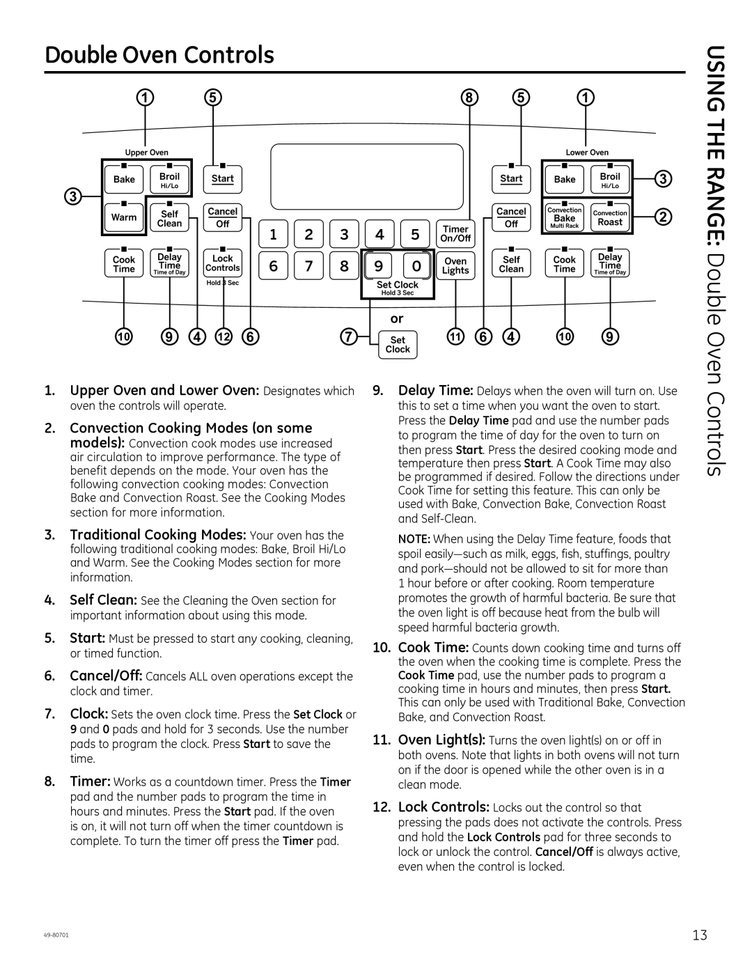 GE JB870, JB850, PB950 owner manual Double Oven Controls, Range Double Oven 