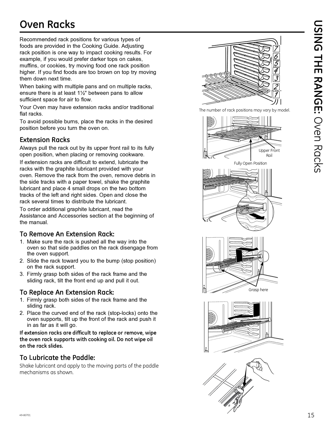 GE JB850 Oven Racks, Extension Racks, To Remove An Extension Rack, To Replace An Extension Rack, To Lubricate the Paddle 