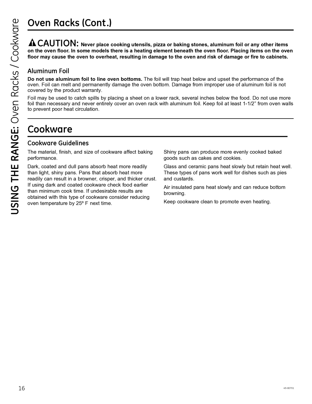 GE JB870, JB850, PB950 owner manual Oven Racks / Cookware, Aluminum Foil, Cookware Guidelines 