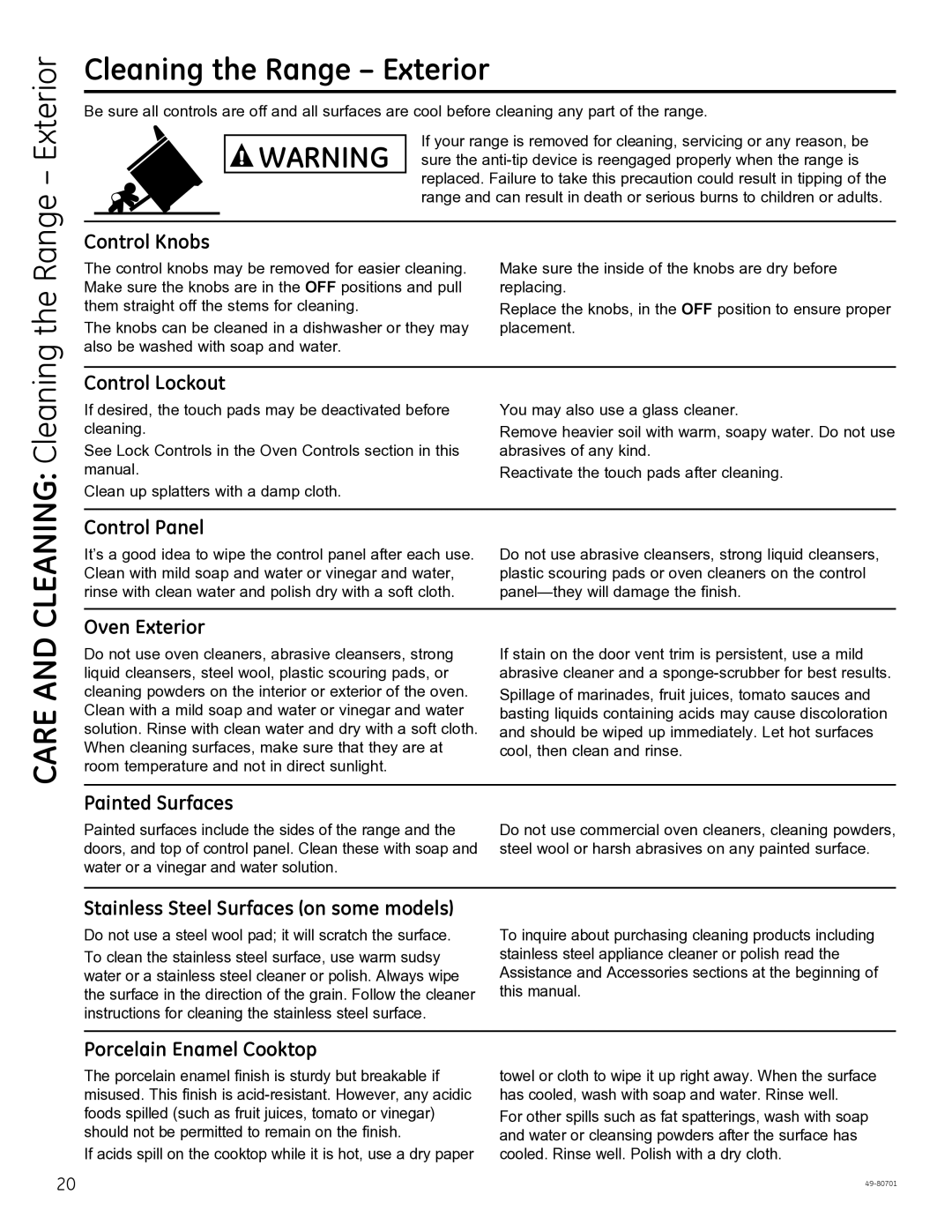 GE PB950, JB850, JB870 owner manual Care, Cleaning the Range Exterior 