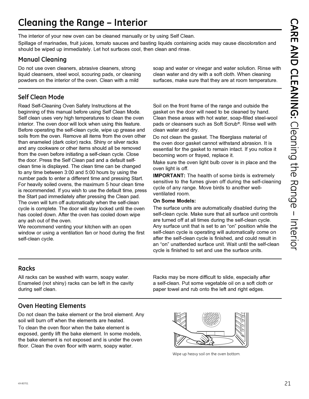 GE JB850, JB870, PB950 Cleaning the Range Interior, Manual Cleaning, Self Clean Mode, Racks, Oven Heating Elements 