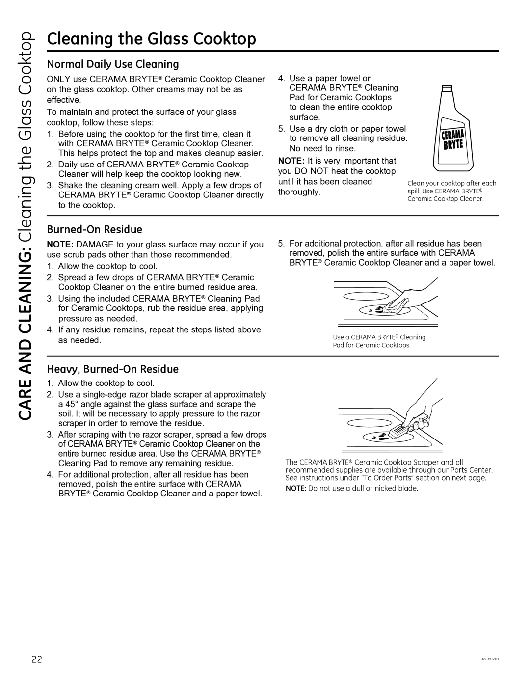 GE JB870, JB850, PB950 owner manual Cleaning the Glass Cooktop, Normal Daily Use Cleaning, Heavy, Burned-On Residue 