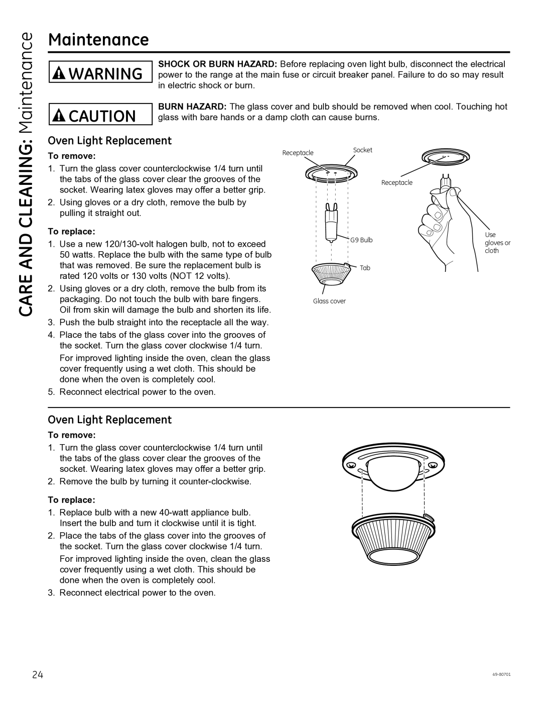 GE JB850, JB870, PB950 owner manual Care and Cleaning Maintenance Oven Light Replacement 